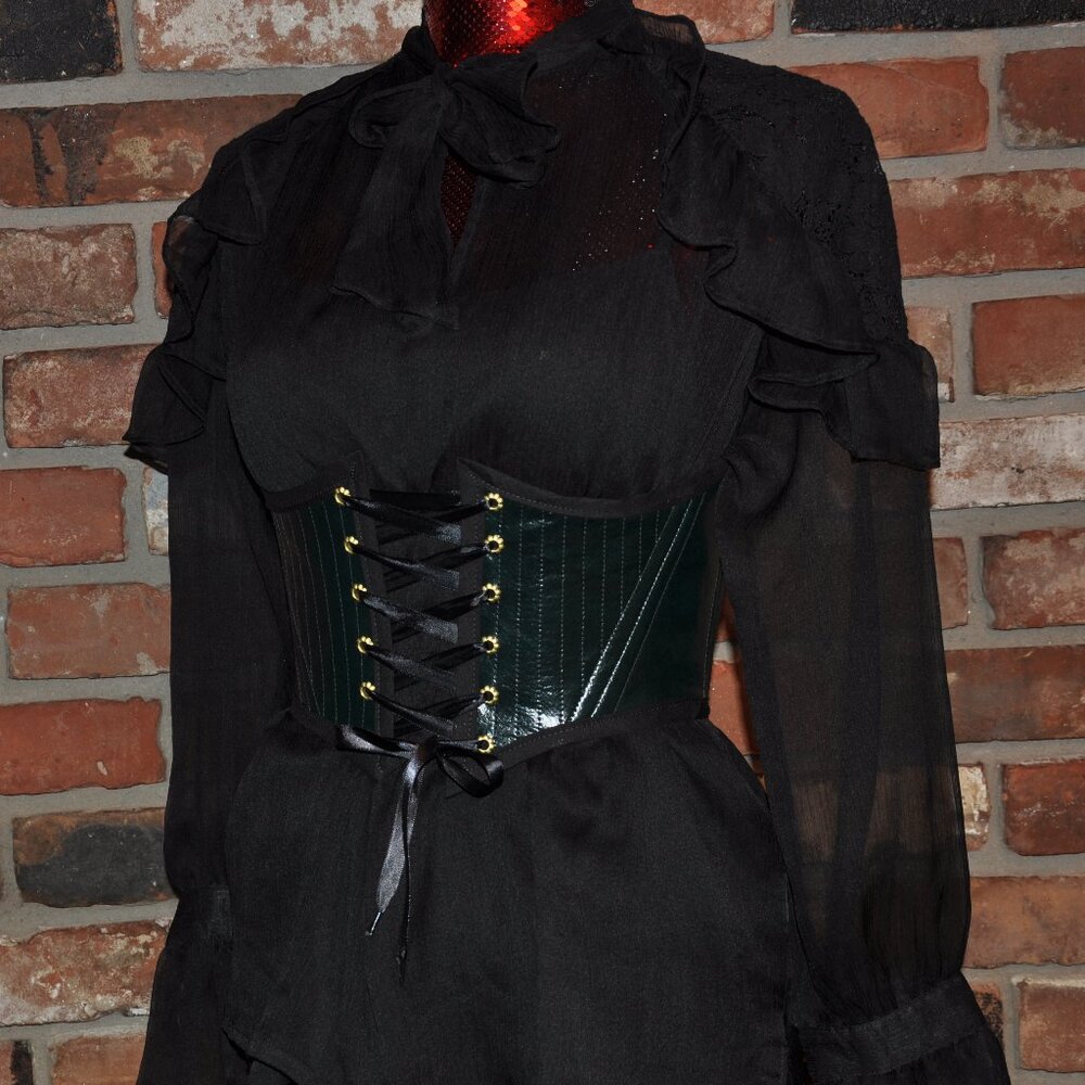 Back & Front Lace-up Corset Belt Dark Shiny Green Faux Leather W/ Boning XS